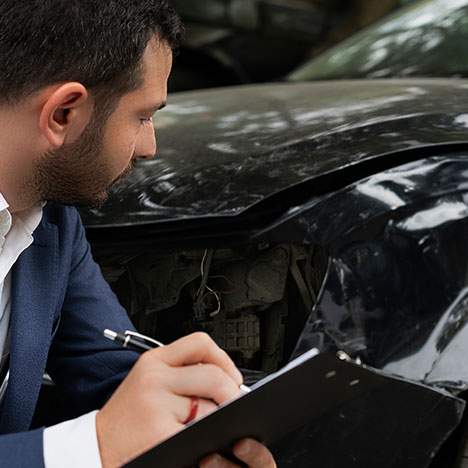 Insurance adjuster looks at damaged rental car after accident.