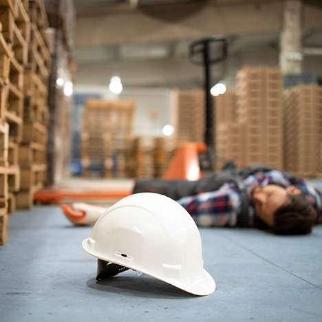 Man lying on warehouse floor by hard hat, a victim of one of many workplace injury stories