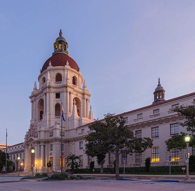 Evening view of buildings in Pasadena, CA, home of Pasadena personal injury lawyer Avrek Law