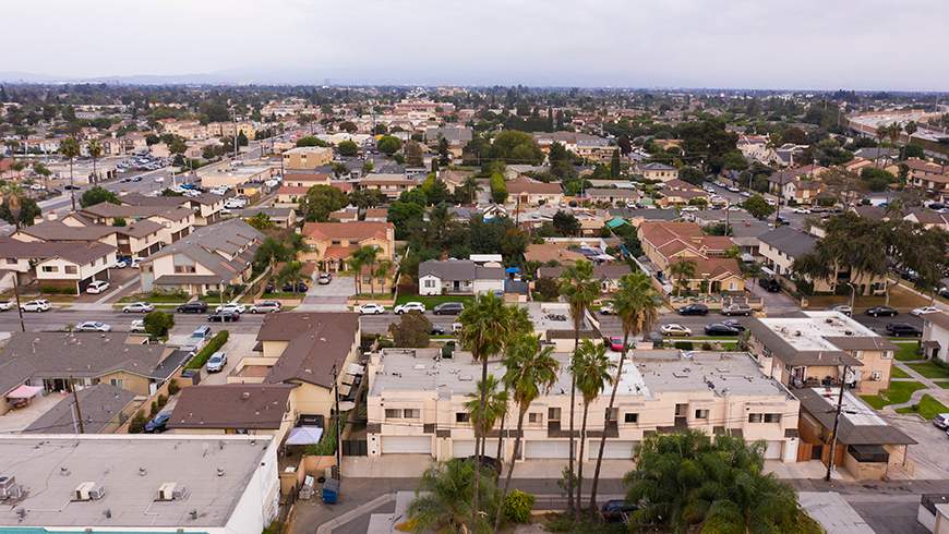 Aerial city photo, near the site of a recent car accident in Garden Grove
