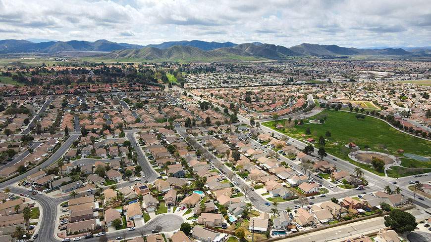 Aerial image of residential landscape where you can find Hemet personal injury attorney Avrek Law