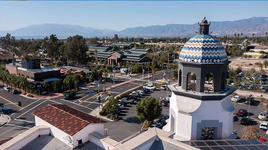 Aerial city view and bell tower, an area where accidents in Redlands often occur