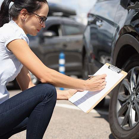 woman kneeled down with checklist in front of a car - how to prepare for an accident