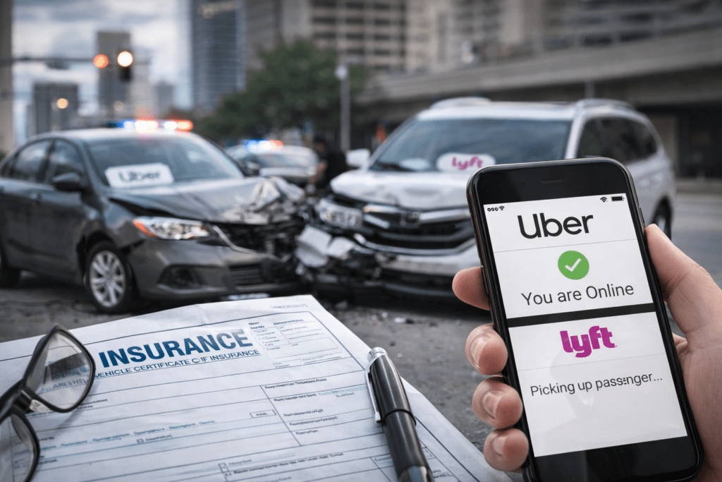 Houston Uber & Lyft accident scene illustrating rideshare insurance coverage disputes