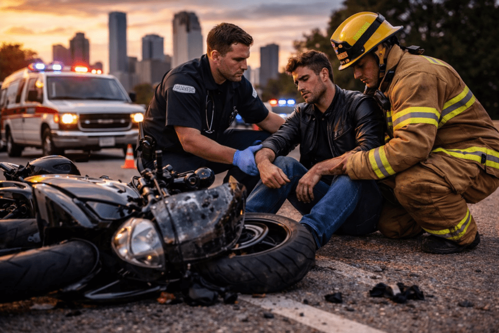 Houston motorcycle accident scene illustrating roadway hazards for riders