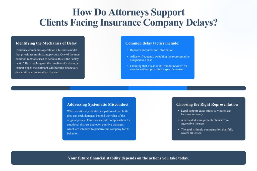 How Do Attorneys Support Clients Facing Insurance Company Delays? 1 Avrek AI How Do Attorneys Support Clients Infographic