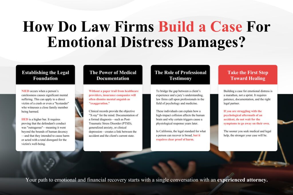 How Do Law Firms Build a Case For Emotional Distress Damages? 1 Avrek AI How Do Law Firms Build a Case Infographic