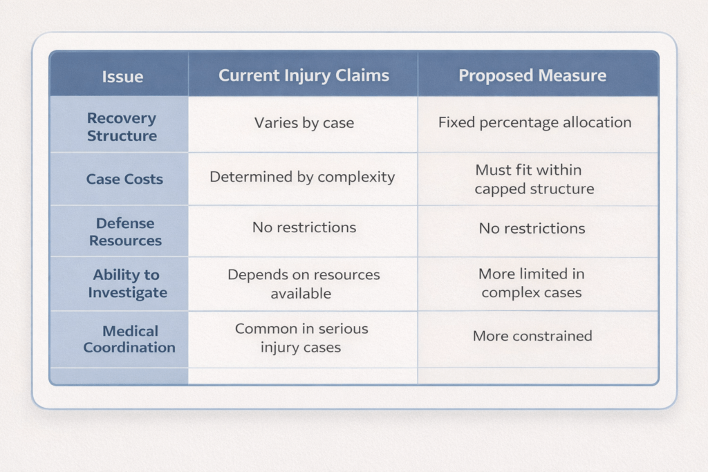 Uber California ballot initiative comparison table showing changes to injury claim recovery structure, case costs, defense resources, investigation ability, and medical coordination