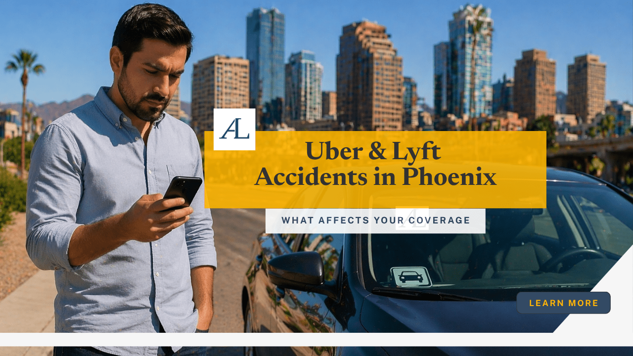 how Uber and Lyft insurance in Phoenix works after an accident with driver checking phone near parked car