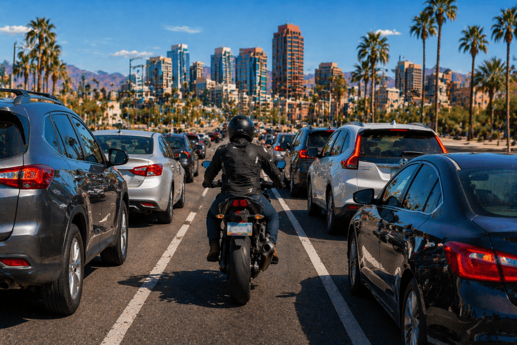 is lane filtering legal for motorcycles in Phoenix with rider centered between traffic lanes