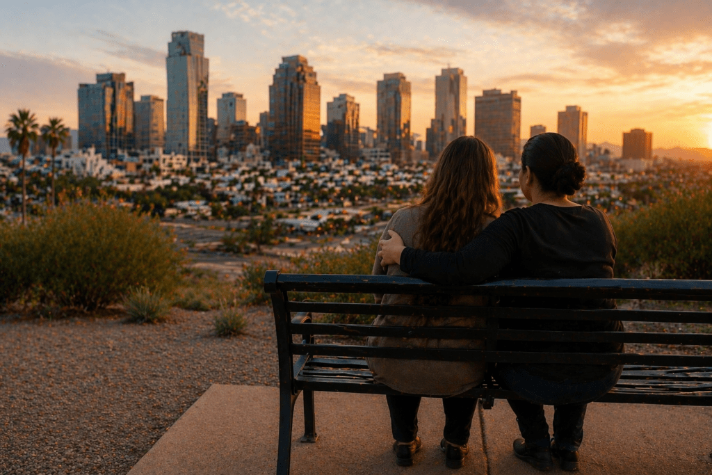 who can file a wrongful death claim in Phoenix with family members sitting together overlooking city