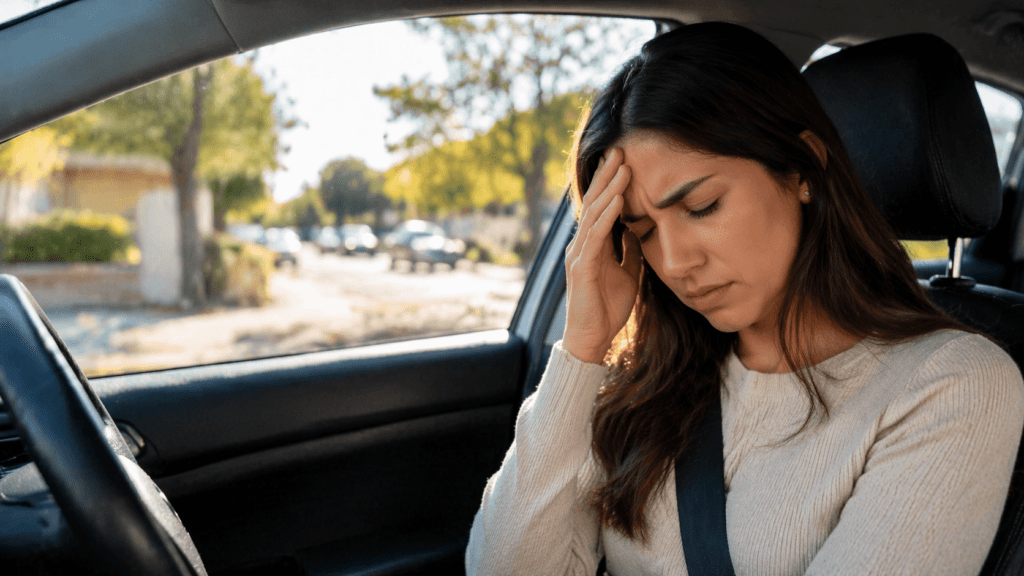 what are delayed concussion symptoms after a car accident with woman experiencing head pain inside vehicle