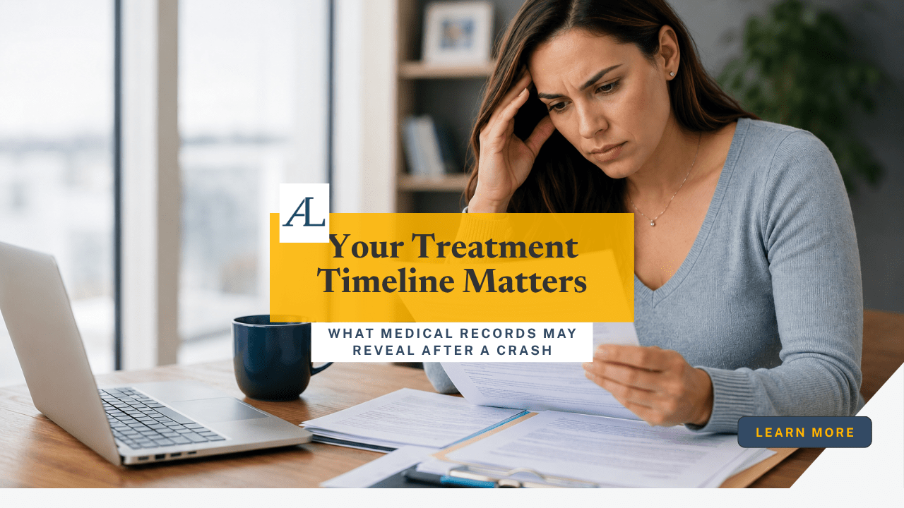 medical treatment timeline after a motor vehicle injury in Newport Beach CA patient reviewing accident recovery paperwork at home office desk