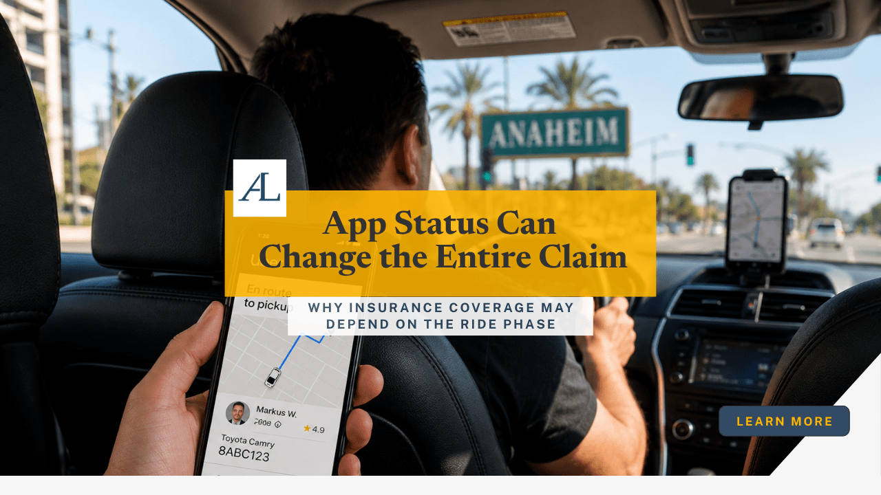 Uber or Lyft accident app status insurance coverage in Anaheim CA