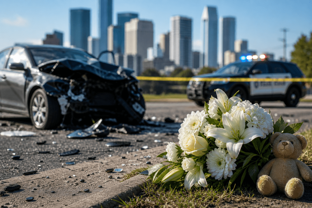 Houston wrongful death lawyer analyzing fatal car accident on freeway