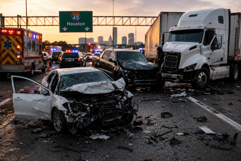Houston wrongful death lawyer analyzing fatal multi-vehicle freeway accident involving commercial truck