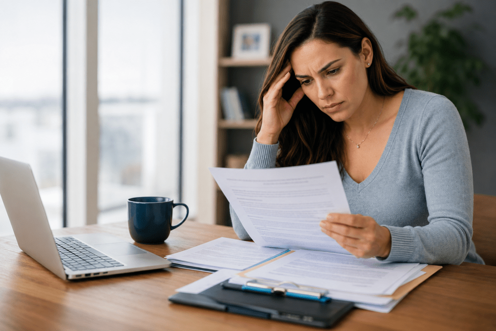 medical treatment timeline after a motor vehicle injury in Newport Beach CA patient reviewing accident recovery paperwork at home office desk