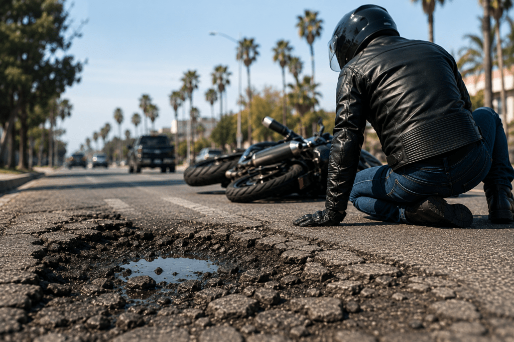 motorcyclist near damaged roadway after motorcycle accident caused by road hazard in Anaheim CA on palm-lined Southern California street