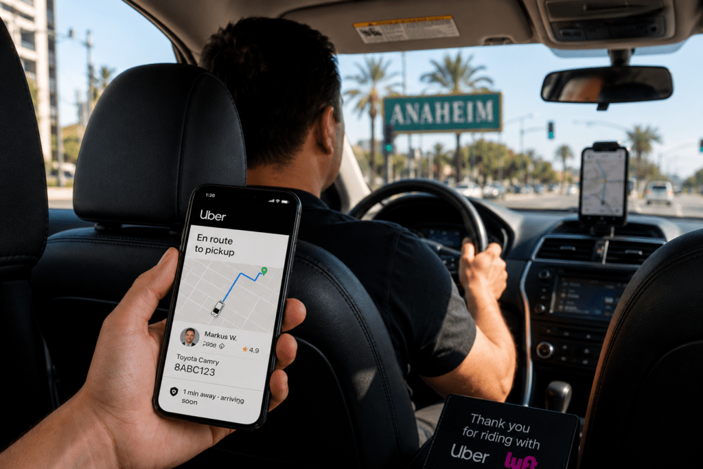 Uber or Lyft accident app status insurance coverage in Anaheim CA