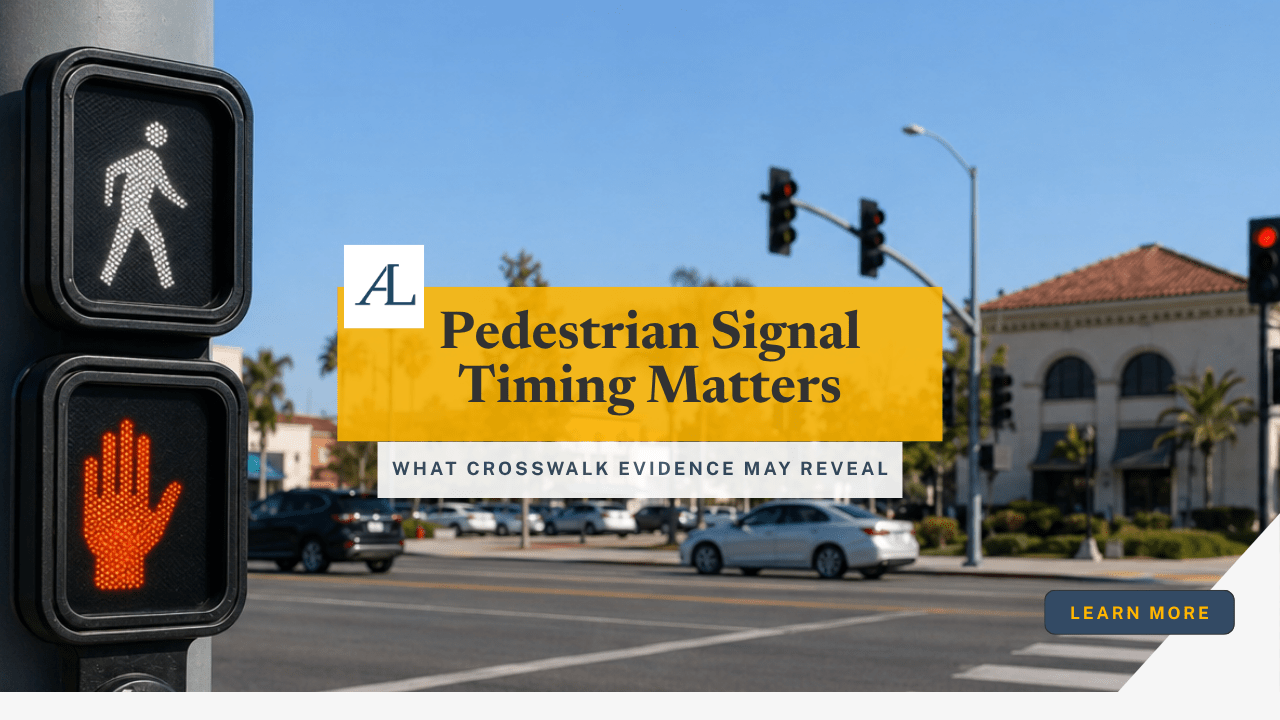 pedestrian signal timing in Santa Ana at marked crosswalk intersection with walk signal and traffic lights