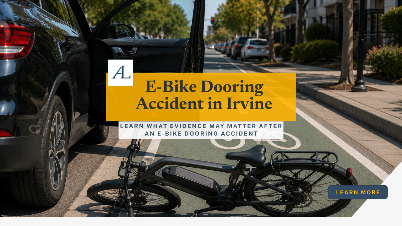 e-bike dooring accident in Irvine evidence showing parked vehicle door and rider path near bike lane