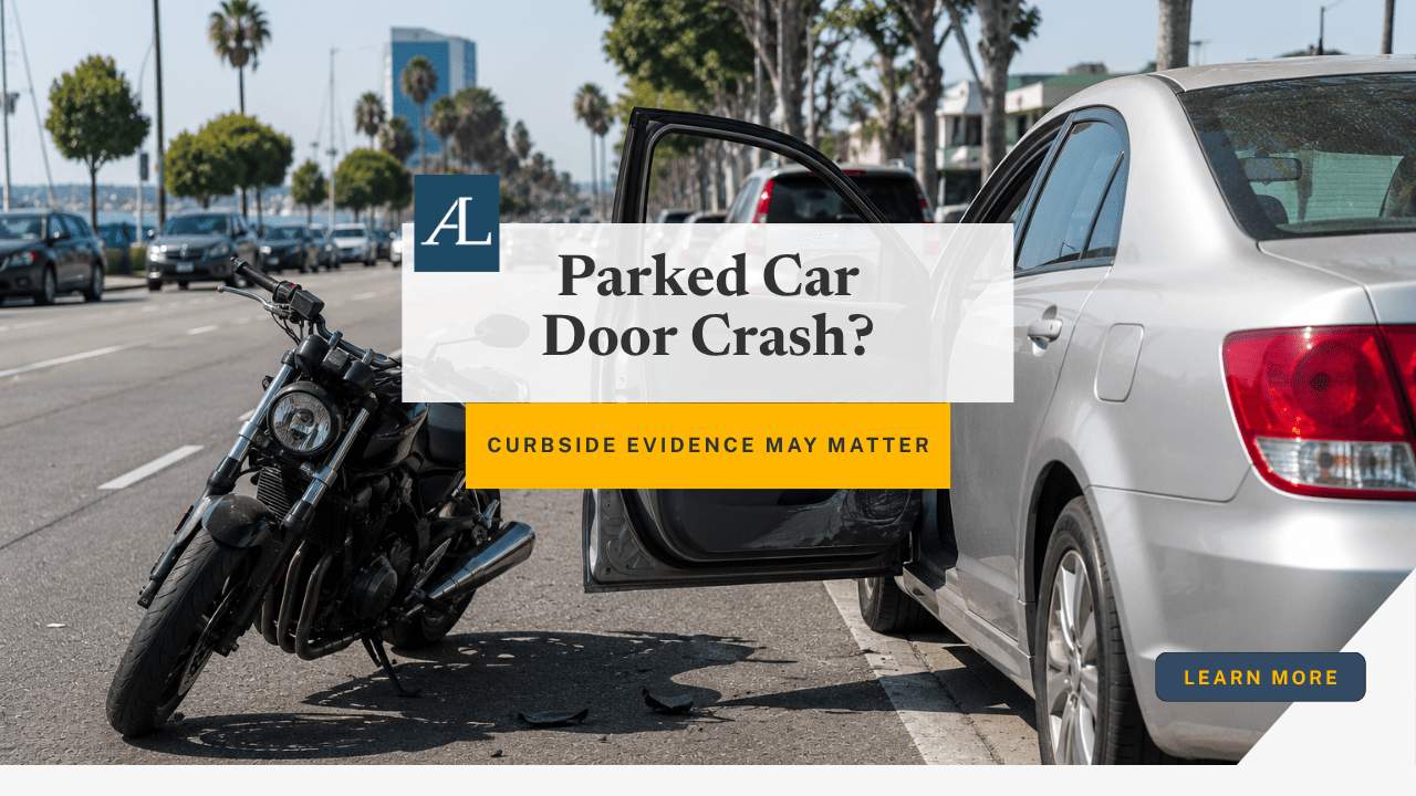 Long Beach motorcycle accident parked car door claim involving rider and parked vehicle evidence