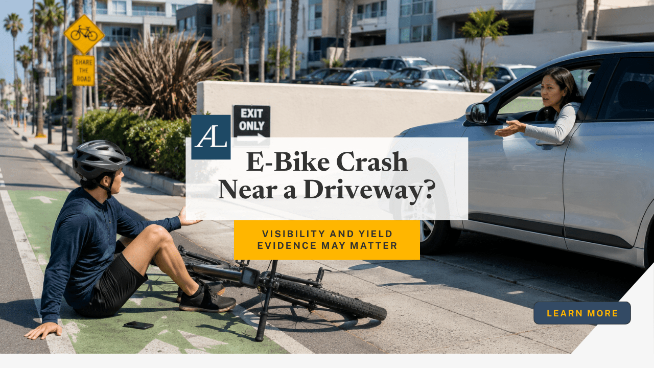 Long Beach e-bike accidents at driveways and parking lots involving driveway visibility and rider evidence