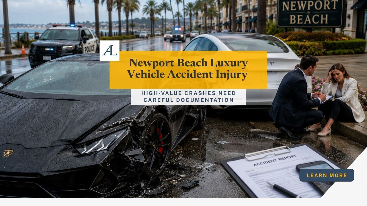 Newport Beach luxury vehicle accident injury claim involving a high-value vehicle crash, repair documentation, and injury evidence.