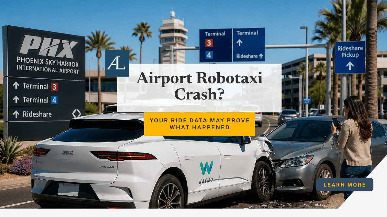 Phoenix Waymo robotaxi airport accident claim involving autonomous rideshare trip records and airport pickup evidence