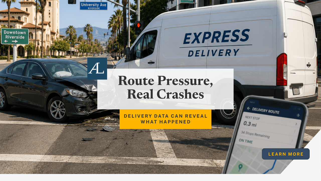 Riverside last mile delivery truck accident claim involving delivery route data and commercial vehicle crash evidence
