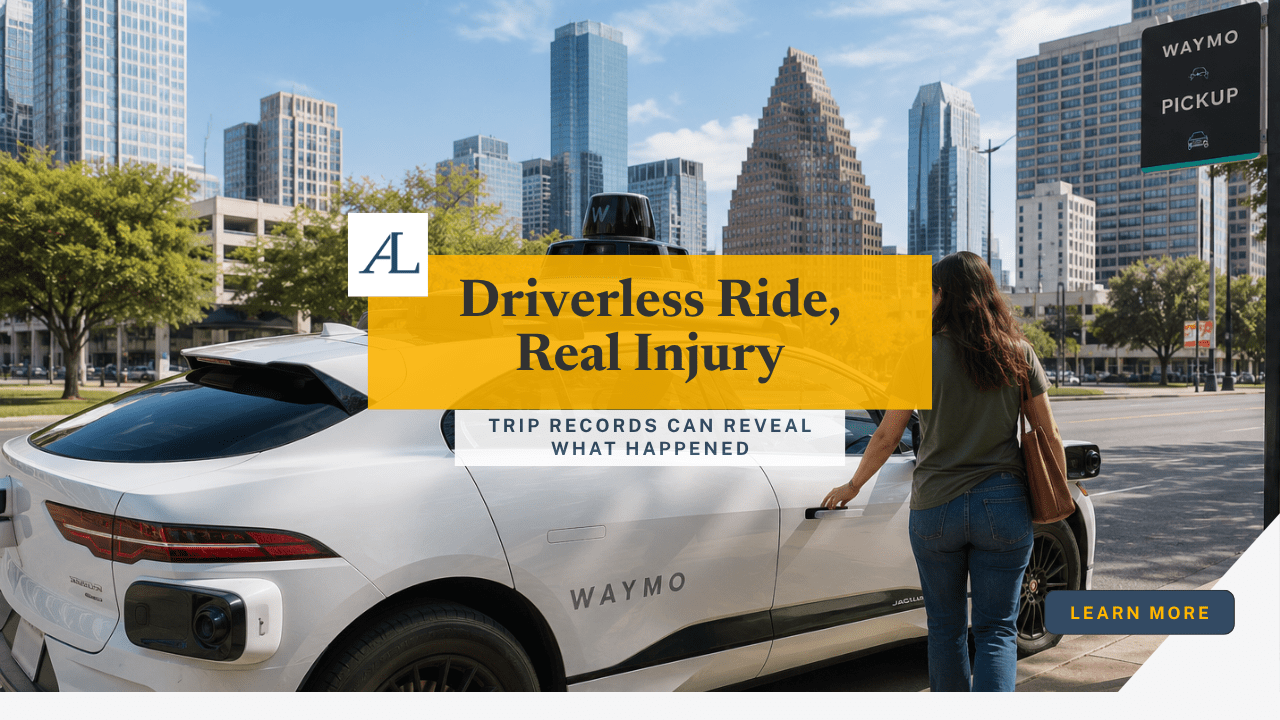 Houston Waymo robotaxi passenger injury claim involving app records and autonomous vehicle pickup evidence