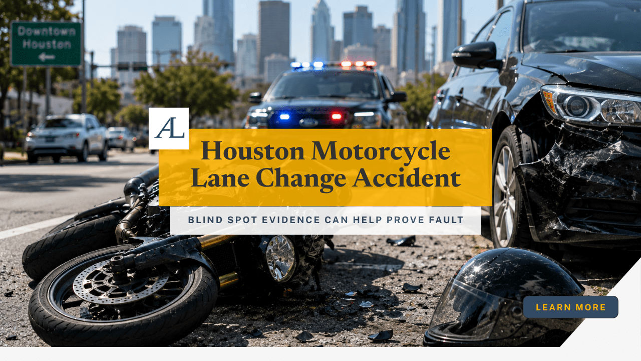 Houston motorcycle lane change accident claim involving blind spot evidence, motorcycle damage, and unsafe lane change investigation