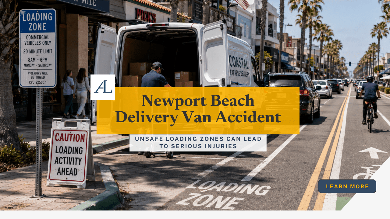 Newport Beach delivery van loading zone accident claim involving a delivery van blocking a curbside loading area near coastal businesses.