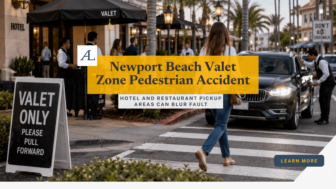 Newport Beach valet zone pedestrian accident claim involving a pedestrian near a hotel or restaurant valet area with vehicle and curbside evidence.