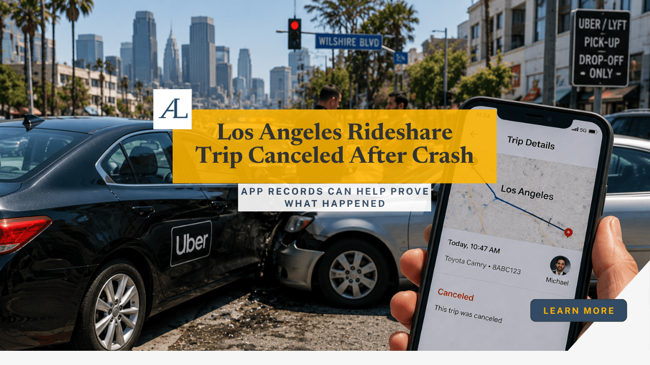 Los Angeles rideshare driver cancels trip accident claim involving a generic rideshare app screen, crash evidence, and trip status records.