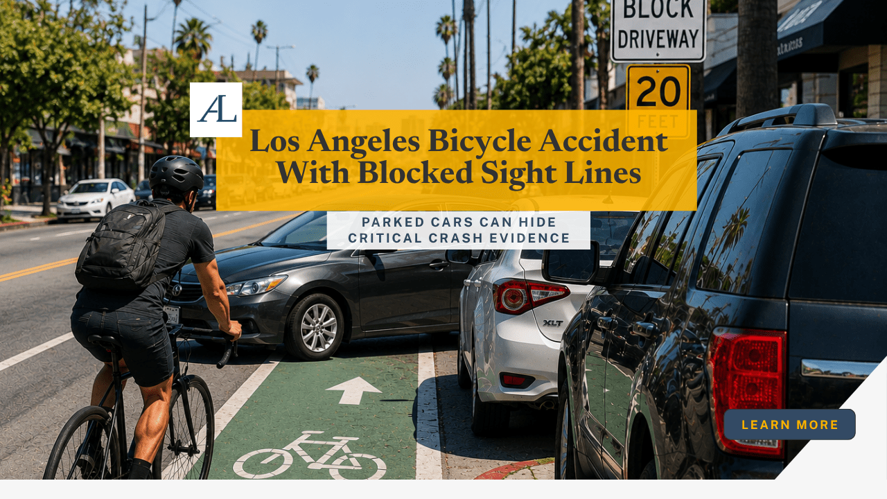 Los Angeles bicycle accident blocked sight line claim involving a cyclist, parked cars, reduced visibility, and crash evidence near a busy street.