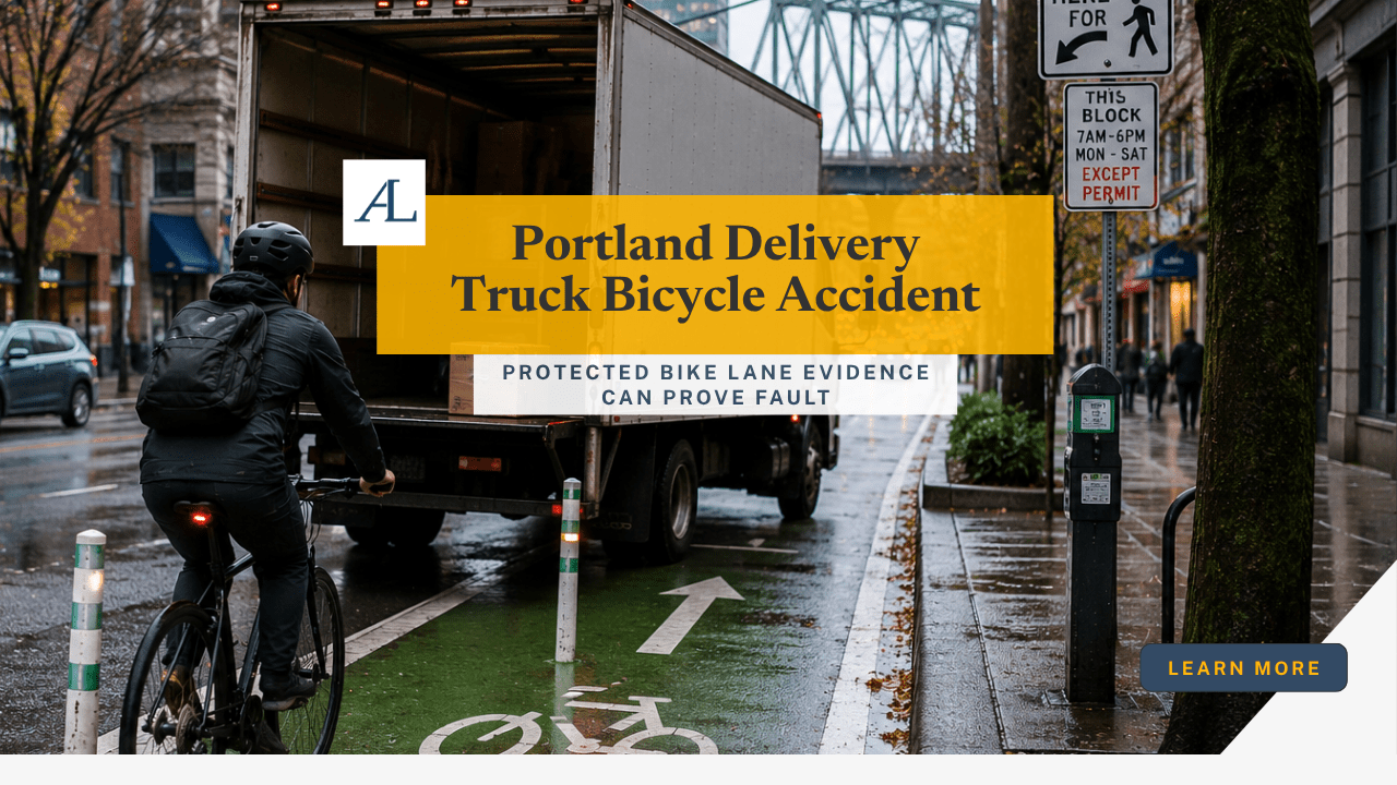 Portland delivery truck bicycle accident claim involving a delivery truck blocking a protected bike lane, cyclist crash evidence, and commercial vehicle liability.