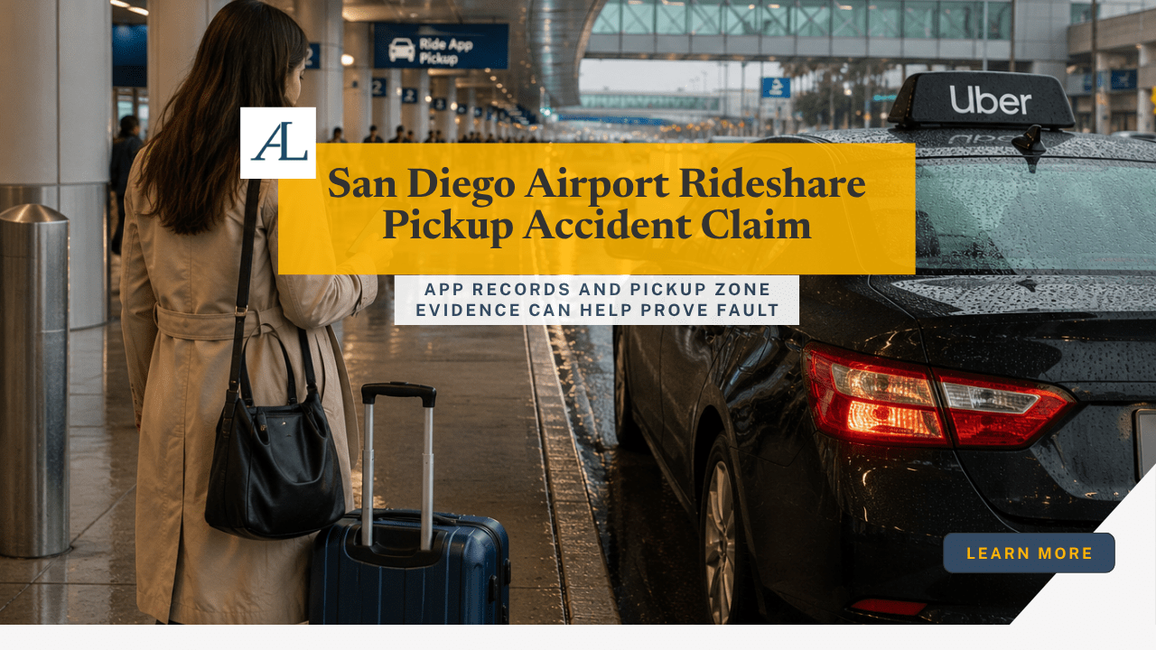 San Diego airport rideshare pickup accident claim involving a passenger using a rideshare app near a curbside airport pickup vehicle