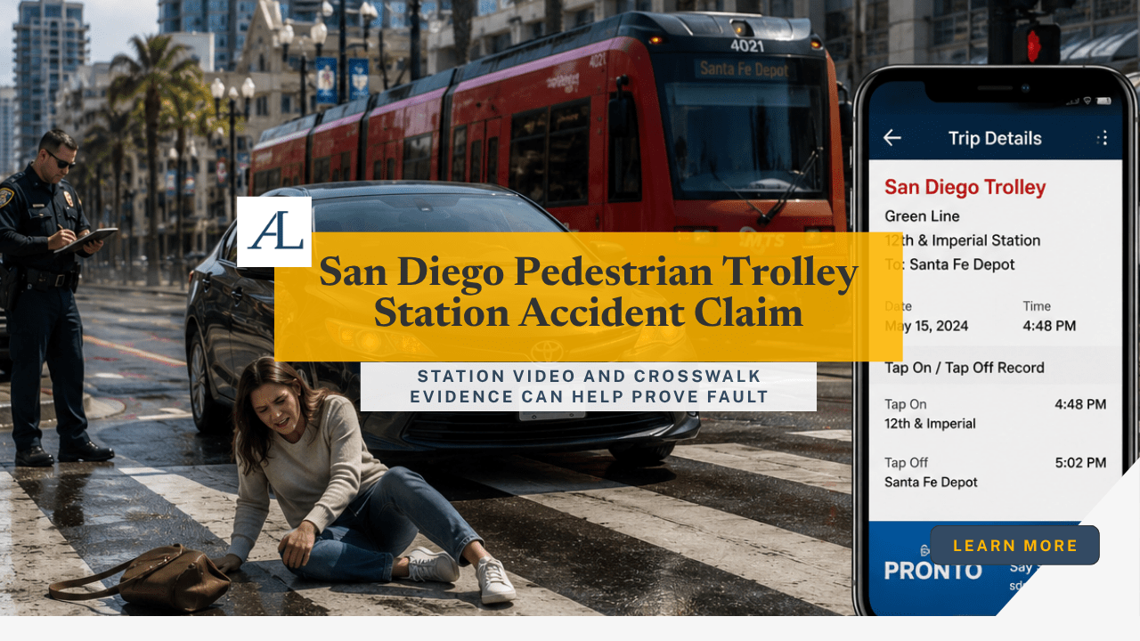 San Diego pedestrian trolley station accident claim involving a pedestrian near a trolley platform, transit stop, crosswalk, and crash evidence.