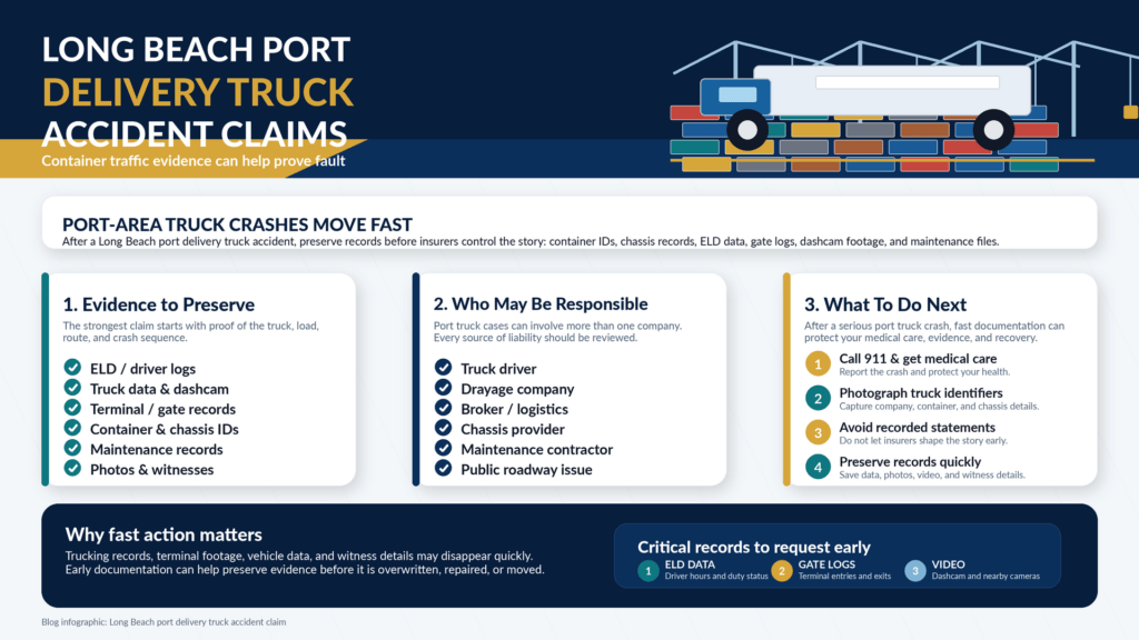 Long Beach Port Delivery Truck Accident Claim 2 Long Beach port delivery truck accident claim infographic showing key evidence, liable parties, and next steps after a container truck crash.