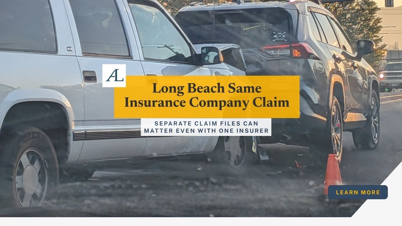 Long Beach car accident same insurance company claim involving crash photos, claim documents, and insurance communications after a vehicle collision.