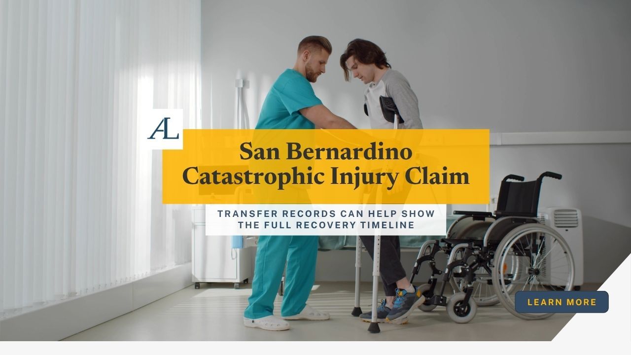 San Bernardino catastrophic car accident hospital transfer rehabilitation records involving ambulance transfer, inpatient rehab, and medical documentation after a severe crash.