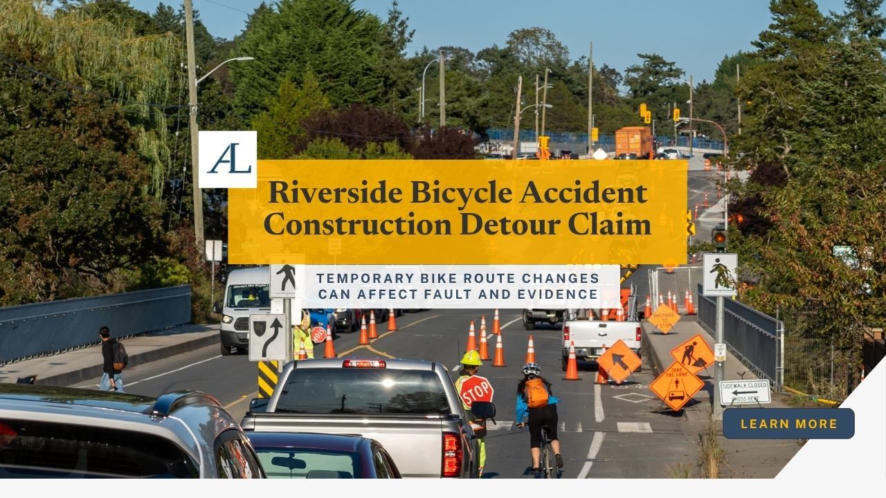 Riverside bicycle accident construction detour claim involving a cyclist, cones, barriers, shifted bike lane, and roadway evidence.