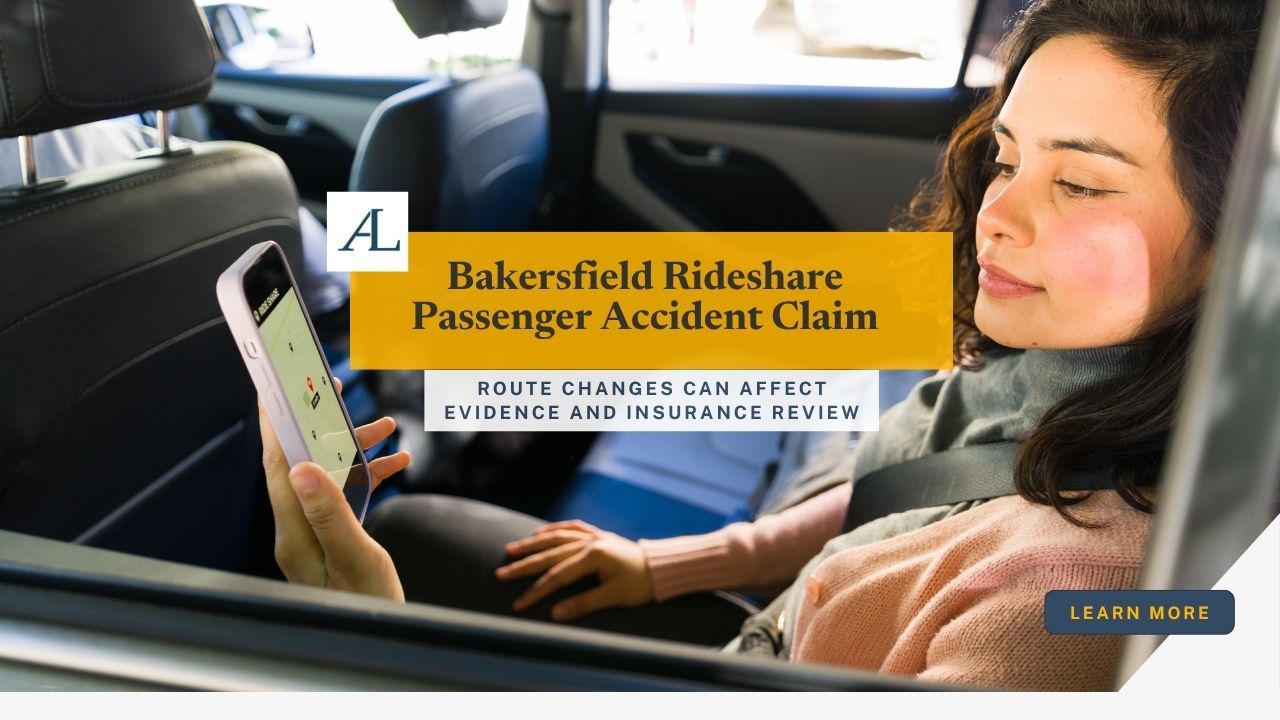 Bakersfield rideshare passenger accident route change claim involving a passenger, phone records, a rideshare app, and insurance documents.