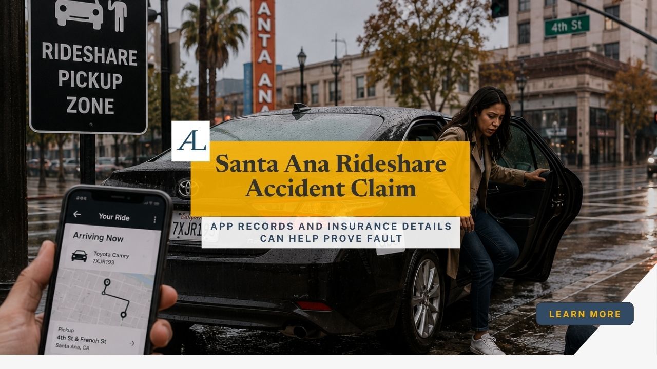 Santa Ana rideshare accident claim involving Uber or Lyft app records, vehicle damage, injured passengers, and insurance evidence.