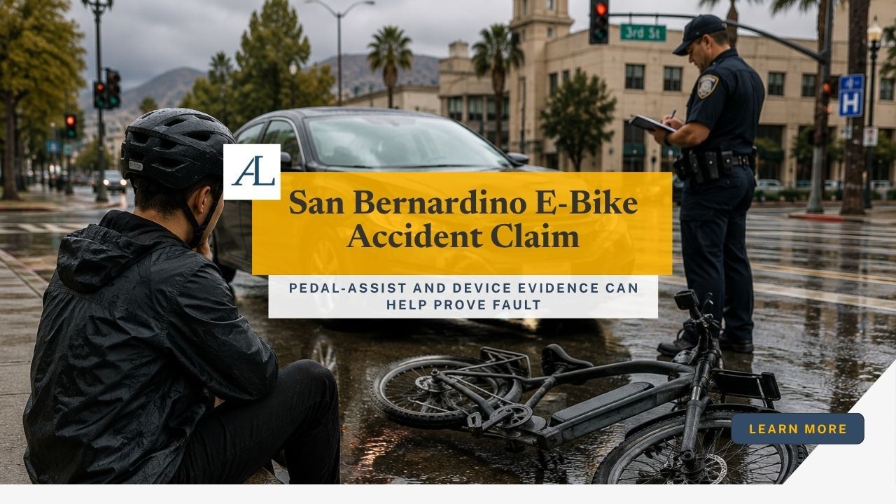 San Bernardino e-bike accident claim involving a damaged electric bicycle, pedal-assist display, traffic evidence, and insurance dispute.