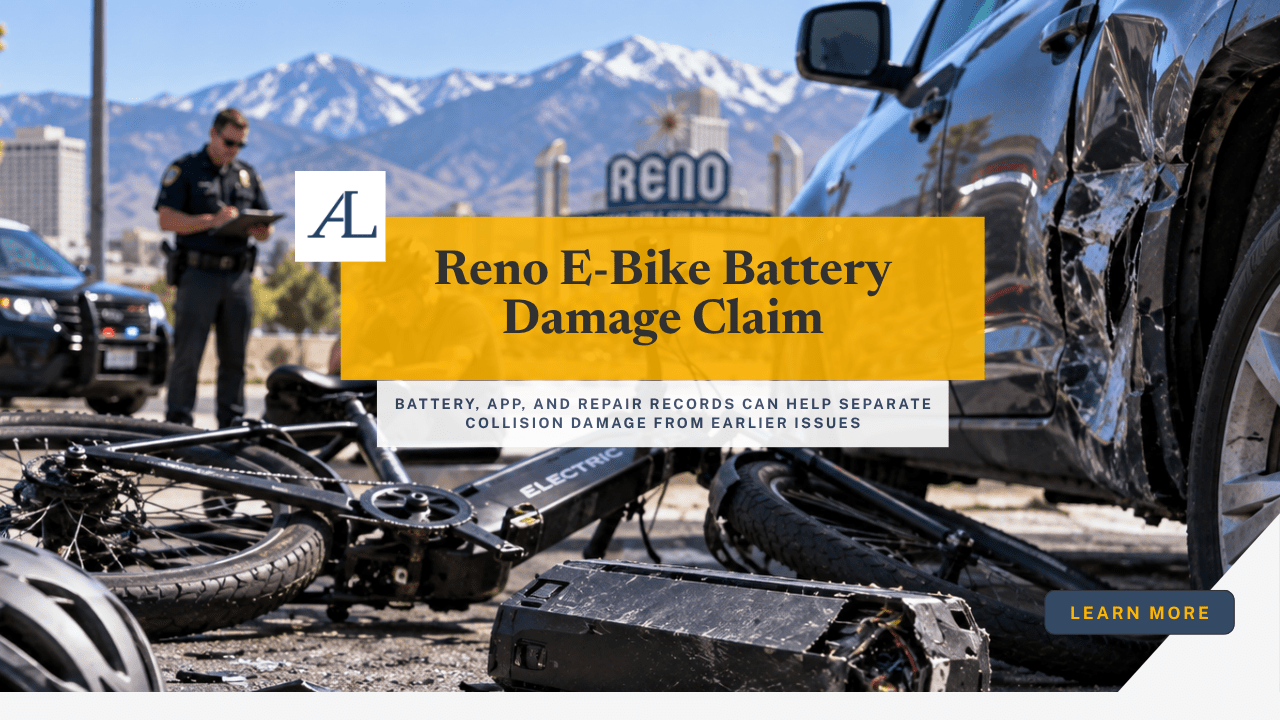 Reno e-bike battery damage claim involving a damaged electric bicycle battery, vehicle contact, app records, and inspection evidence.