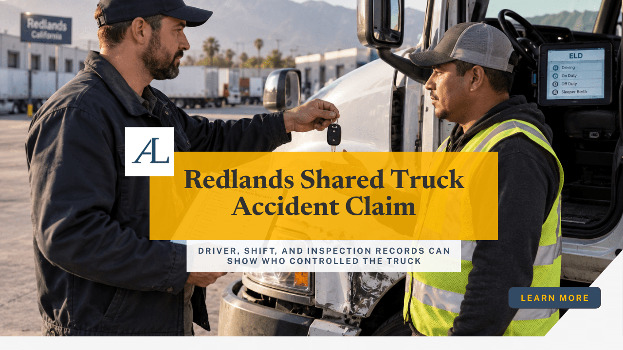 Redlands shared truck accident claim involving multiple commercial drivers, ELD records, shift assignments, inspection reports, and truck evidence.