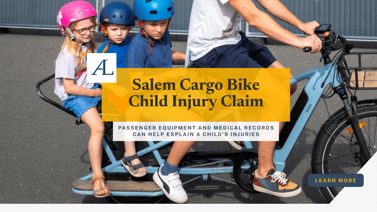 Salem cargo bike child injury claim involving a child passenger, cargo bicycle equipment, vehicle collision evidence, and medical documentation.