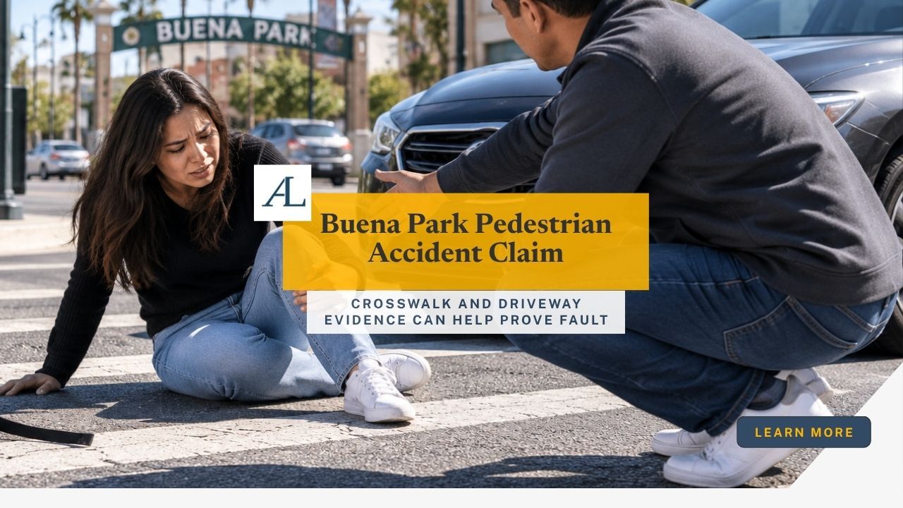 Buena Park driveway pedestrian accident claim involving a parking lot exit, curb cut, vehicle, and pedestrian evidence after a crash.